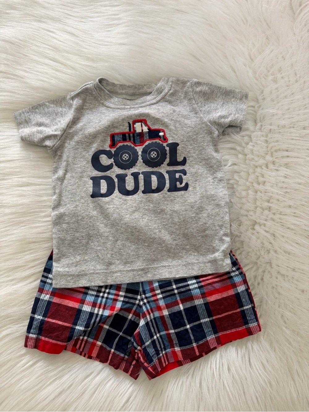 Carter’s Cool Dude Gray Tee with Red & Navy Plaid Shorts Sz 6months